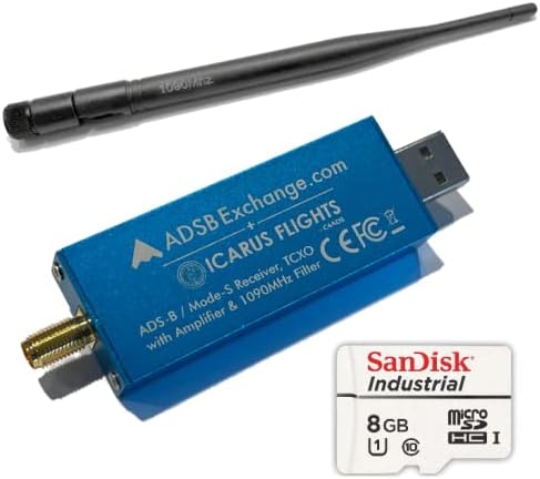 Blue R820T2 RTL2832U, 0.5 PPM TCXO ADS-B SDR w/Amp and 1090 Mhz Filter, Antenna & Software on Industrial MicroSD