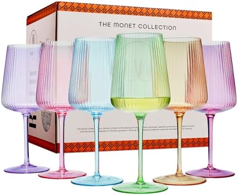 Ripple Bright Colored Wine Glasses – Set of 6 Ribbed Crystal Fluted Big Long Stemmed Glasses Gift Hosting, Wife, Mom Friend – Large 19 oz Glass, Italian Style Tall Drinkware, Red & White Glassware