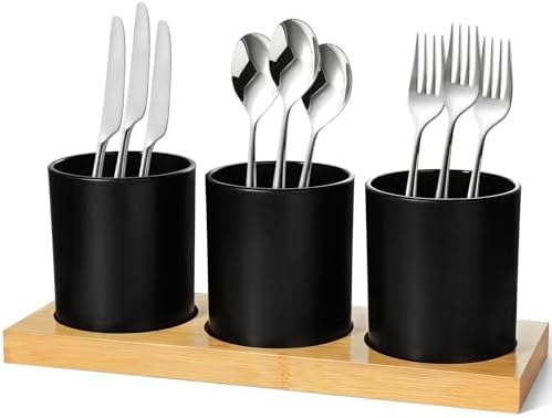 Silverware Organizer Countertop, 4 Pieces Utensil Holder for Kitchen Counter, Silverware Caddy for Party with Bamboo Tray, Farmhouse Black Utensil Holder Storage Organizer