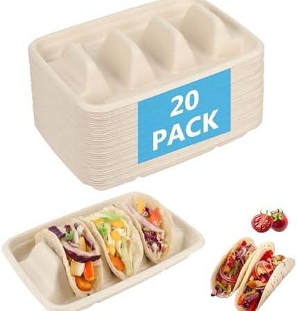 Disposable Taco Holders for Party Taco Plates Taco Tray Holder with Dividers, Taco Stands for 3 Tacos, Perfect Taco Plates for Parties – Taco Bar Serving Set (20 Pack)