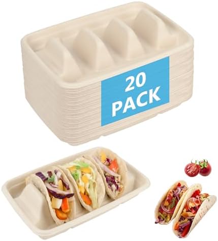 Disposable Taco Holders for Party Taco Plates Taco Tray Holder with Dividers, Taco Stands for 3 Tacos, Perfect Taco Plates for Parties – Taco Bar Serving Set (20 Pack)