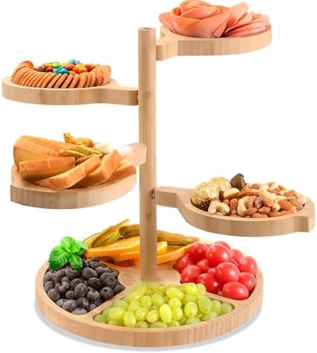Cheese Boards Charcuterie Gift Bamboo: 5-in-1 360° Rotation Tiered Unique Serving Platters for Christmas Housewarming Wedding Party Holiday Birthday Gift Easy Setup – UTCG U2