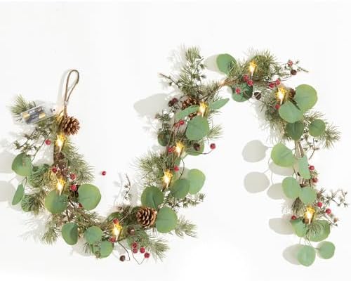 LOHASBEE Christmas Garland, 5FT Natural Eucalyptus and Pine Christmas Garland with Red Berries and Pinecones – Perfect Festive Decoration for Your Home