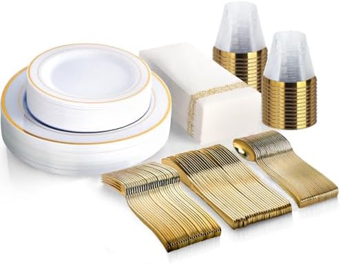M MCIRCO 175 Piece Gold Dinnerware Set – 50 Gold Rim Plastic Plates – 25 Gold Plastic Silverware – 25 Gold Plastic Cups – 25 Gold Paper Napkins, 25 Guest Disposable Gold Dinnerware Set