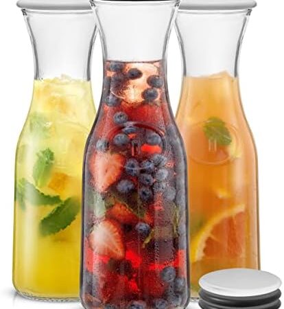JoyJolt Glass Carafe with Lid, Set of 3 – 1 Liter Glass Pitcher for Mimosa Bar, Water, Iced Tea, Juice, Wine, Lemonade, Milk – Dishwasher Safe Beverage Drink Dispensers for Brunch, Parties