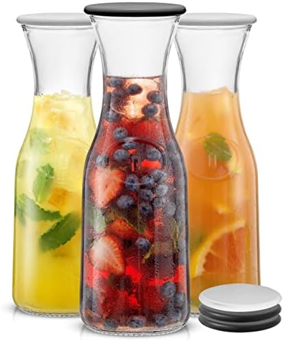 JoyJolt Glass Carafe with Lid, Set of 3 – 1 Liter Glass Pitcher for Mimosa Bar, Water, Iced Tea, Juice, Wine, Lemonade, Milk – Dishwasher Safe Beverage Drink Dispensers for Brunch, Parties