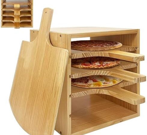 Montex Pizza Peel Rack with 4 Pack Non-Stick Wood Pizza Paddle, 12 Inch Pizza Boards for Storage and Baking Multiple Pizzas, Bread.