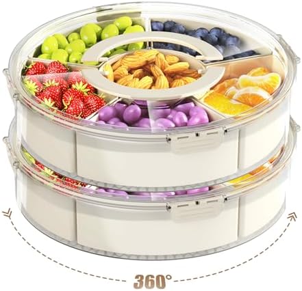 Divided Serving Tray with Lid and Handle, Small Snack Spinner,Snackle Box Container, Multi-purpose Food Platter for Charcuterie Veggie Fruit, Taco Tuesday Movie Night Travel Beach Picnic Essentials
