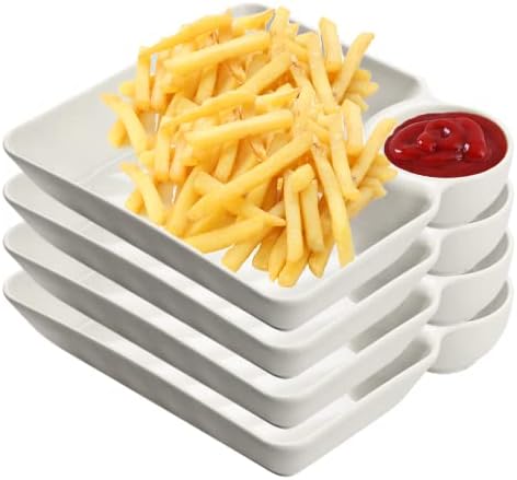Chip and Dip Serving Platter Set, 4 Pcs Divided Party Trays 7.3″ x 6.7″ Snack Bowl Dishes for Entertaining, Wine Dine Appetizer Plates, Reusable Dumpling Plate with Sauce Holder for Buffet Parties