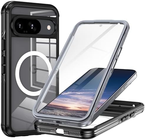 Hekodonk for Google Pixel 9/9 Pro Case,Compatible with Magsafe,Built-in 9H Tempered Glass Screen Protector,Full Body Shockproof Military-Grade Drop Proof Case for Pixel 9/9 Pro,Black