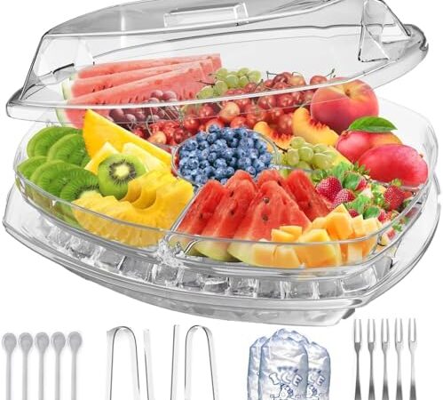 Chilled Serving Trays for Parties with Serving Tongs/Lid & Dip Holder – 4-Compartment Platter Box with Serving Forks – Perfect for Shrimp, Veggies, Fruits – Clear Cold Trays for Party-XL Size