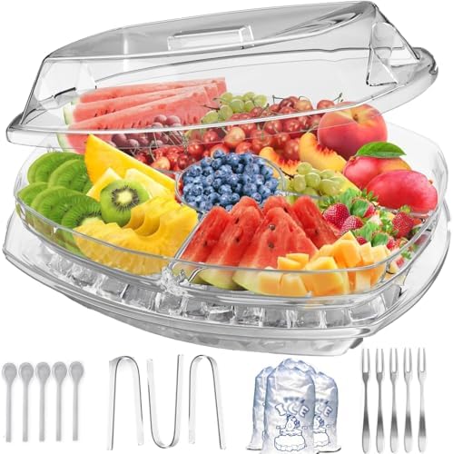 Chilled Serving Trays for Parties with Serving Tongs/Lid & Dip Holder – 4-Compartment Platter Box with Serving Forks – Perfect for Shrimp, Veggies, Fruits – Clear Cold Trays for Party-XL Size