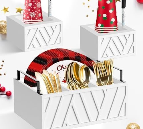 Paper Plate Holders with 2 Cup Holders and 2 Markers, Wood Paper Plate Dispenser, Utensil Holder for Party, Kitchen Plate Organizer Silverware Caddy, Hosting Essentials for Thanksgiving Christmas