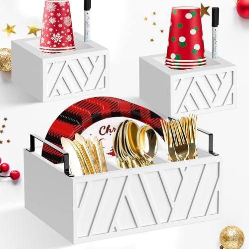 Paper Plate Holders with 2 Cup Holders and 2 Markers, Wood Paper Plate Dispenser, Utensil Holder for Party, Kitchen Plate Organizer Silverware Caddy, Hosting Essentials for Thanksgiving Christmas