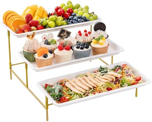 Lifewit 3 Tiered Plastic Serving Tray for Party Entertaining, 14″×6.5″ Serving Food Display Platters, Reusable Trays with Collapsible Stable Metal Stand for Veggie, Fruit, Cookies, Dessert, Gold