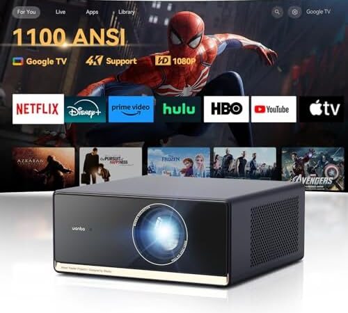 [1100 ANSI & Google TV] Wanbo X5 Pro 4K Projector with WiFi and Bluetooth, Home Outdoor Movie Proyector, Auto Focus & Keystone, 26dB Low Noise, Native 1080P, Smart Projector with Netflix & Google Play