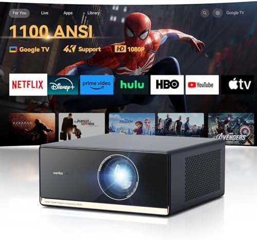 [1100 ANSI & Google TV] Wanbo X5 Pro 4K Projector with WiFi and Bluetooth, Home Outdoor Movie Proyector, Auto Focus & Keystone, 26dB Low Noise, Native 1080P, Smart Projector with Netflix & Google Play