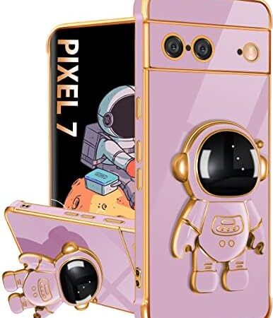 for Google Pixel 7 Case, Pixel 7 Cases with Astronaut Stand for Women Girls, Girly Cute Spaceman Love Heart Gold Plating 6D Phone Cover with Kickstand for Pixel 7 6.3 Inch Purple