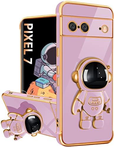 for Google Pixel 7 Case, Pixel 7 Cases with Astronaut Stand for Women Girls, Girly Cute Spaceman Love Heart Gold Plating 6D Phone Cover with Kickstand for Pixel 7 6.3 Inch Purple