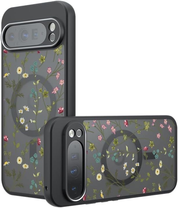 Magnetic Cute Floral for Google Pixel 9 Pro XL Case, [Compatible with MagSafe] [Slim Black Translucent Matte] [Four Corners Shockproof Soft Bumper] for Women Girls- Flower Branch 1