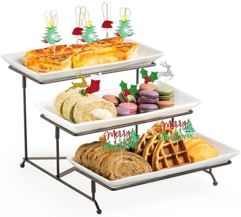 LAUCHUH 3 Tier Serving Tray Porcelain Tiered Serving Stand Collapsible Sturdier Rack with 3 Serving Platters & 2 Cross Bars for Entertaining Fruit Dessert Party Display Set, 12 Inch, Bronze
