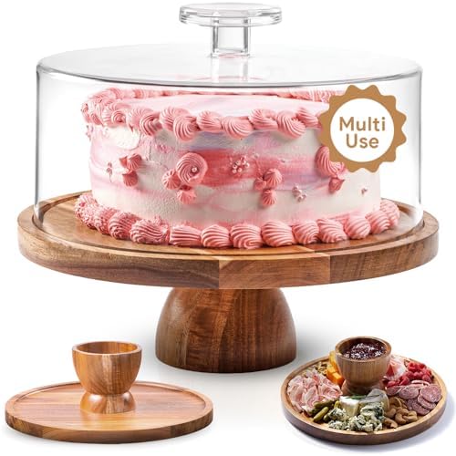 Acacia Wood Christmas Cake Stand with Lid – 12 In Round Cake Holder, Thanksgiving and Christmas Hosting Essential, Dessert Table Display Set & Charcuterie Board for Cheese, Chips, Acrylic Cake Dome Cover