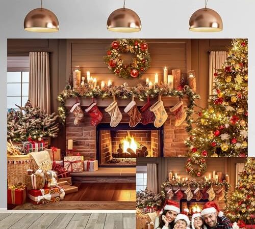 Christmas Fireplace Backdrop 8x6FT Vintage Xmas Tree Stocking Background for Photography Christmas Holiday Kids Portrait Family Party Decorations Photo Booth Props