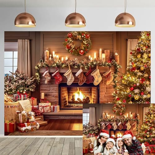 Christmas Fireplace Backdrop 8x6FT Vintage Xmas Tree Stocking Background for Photography Christmas Holiday Kids Portrait Family Party Decorations Photo Booth Props