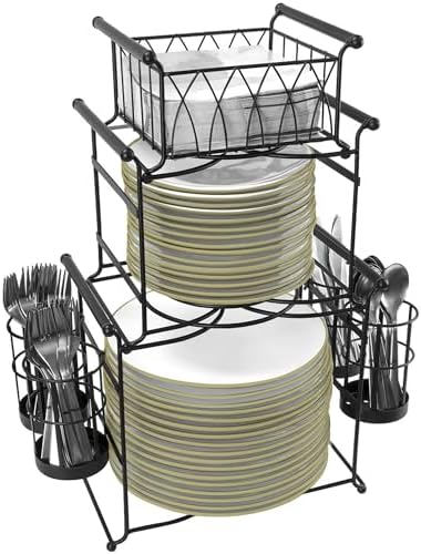 Sorbus® Buffet Caddy — 7-Piece Stackable Set Includes Plate, Napkin, and Silverware Holder, 3-Tier Detachable Tabletop Organizer — Ideal for Kitchen, Dining, Entertaining, Parties,Thanksgiving (Black)