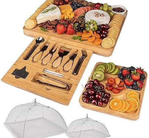 ImpiriLux Charcuterie Board Set | Large Bamboo Cheese Platter & Fruit Tray with Mesh Umbrella Covers and Utensils | Ideal for Hosting, Catering, House Warming Gifts, Weddings, Couples, Moms