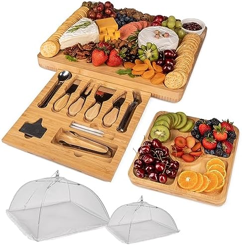 ImpiriLux Charcuterie Board Set | Large Bamboo Cheese Platter & Fruit Tray with Mesh Umbrella Covers and Utensils | Ideal for Hosting, Catering, House Warming Gifts, Weddings, Couples, Moms