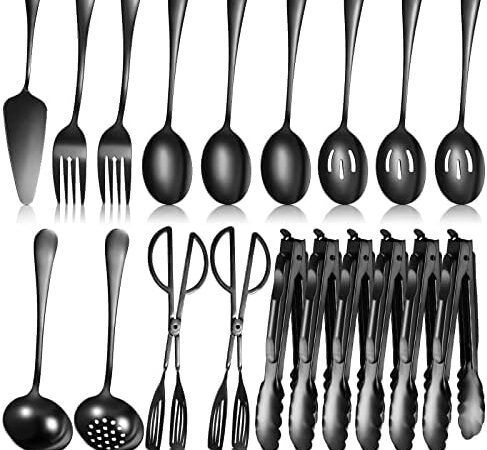 19 Pieces Serving Flatware Set Including Stainless Steel Spatulas, Forks, Spoons, Perforated Spoons, Soup Spoons, Skimmers Spoon, Buffet Tongs, Heavy Duty Serving Tongs for Home(Black)