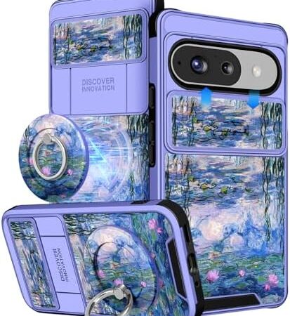 Buleens for Google Pixel 9 Case/Pixel 9 Pro Case – with Ring Stand & Camera Cover Aesthetic Cute Designed Women Girls Girly Kawaii Blue Water Lily for Pixel 9/9 Pro Phone Case Compatible with Magsafe