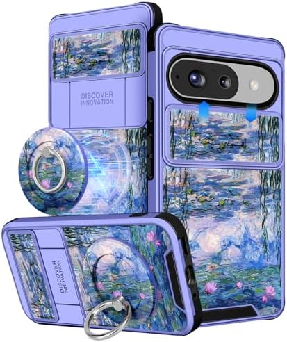 Buleens for Google Pixel 9 Case/Pixel 9 Pro Case – with Ring Stand & Camera Cover Aesthetic Cute Designed Women Girls Girly Kawaii Blue Water Lily for Pixel 9/9 Pro Phone Case Compatible with Magsafe
