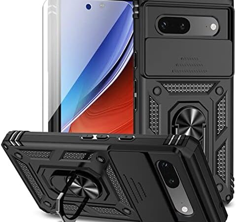 for Google Pixel 7A Case with Slide Camera Cover HD Screen Protector [Military Grade 16ft. Drop Tested] Magnetic Ring Holder Kickstand Protective Phone Case for Google Pixel 7A, Black