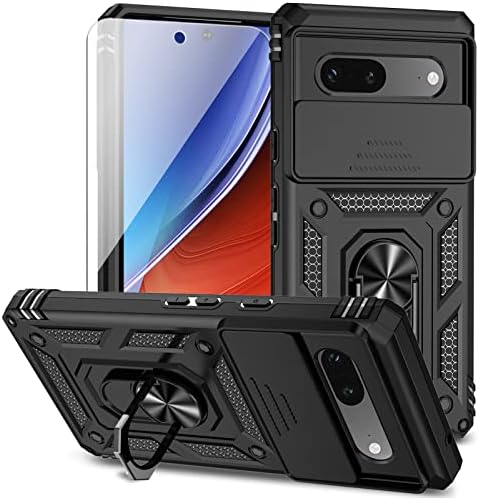 for Google Pixel 7A Case with Slide Camera Cover HD Screen Protector [Military Grade 16ft. Drop Tested] Magnetic Ring Holder Kickstand Protective Phone Case for Google Pixel 7A, Black