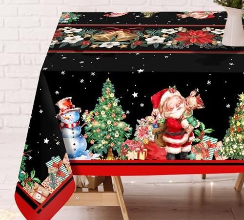 Christmas Tablecloth 52×70 Inch, Christmas Table Decorations Table Cloth for Rectangle, Xmas Santa Tablecloths Polyester Vintage, Poinsettia Christmas Table Cover for Picnic Party Dinner
