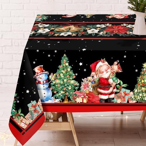 Christmas Tablecloth 52×70 Inch, Christmas Table Decorations Table Cloth for Rectangle, Xmas Santa Tablecloths Polyester Vintage, Poinsettia Christmas Table Cover for Picnic Party Dinner