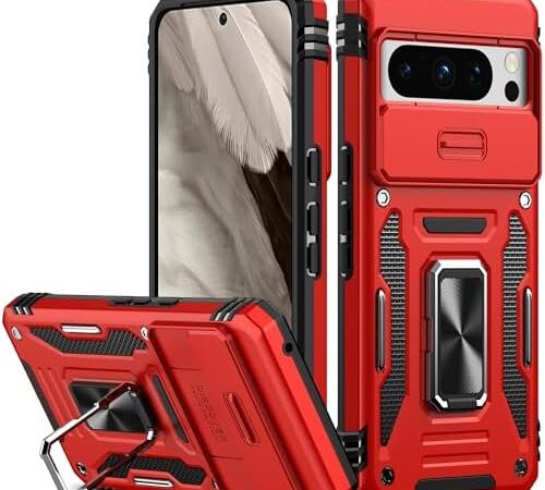 Nvollnoe for Google Pixel 8 Pro Case with Slide Camera Cover Drop Tested Military Grade Heavy Duty Protective Sturdy Rotate Ring Kickstand Phone Case for Google Pixel 8 Pro(Red)