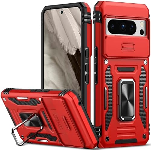 Nvollnoe for Google Pixel 8 Pro Case with Slide Camera Cover Drop Tested Military Grade Heavy Duty Protective Sturdy Rotate Ring Kickstand Phone Case for Google Pixel 8 Pro(Red)