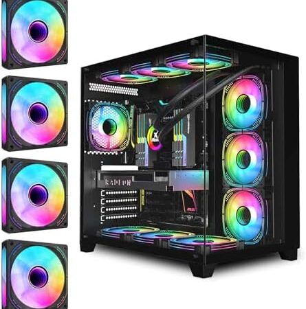 GOPIE Full Tower PC case, 4Pack PWM RGB Computer Fans pre-Installed, Gaming Desktop pc Hosting case Compatible with 360mm RAD -270° Full View Dual Tempered Glass-Black