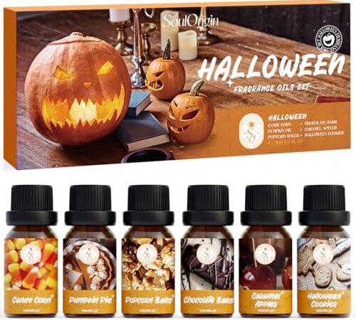 Halloween Essential Oils Set, Fragrance Oil Gift Set for Oil Diffusers, Scented Oils 6x10ml – Caramel Apples, Pumpkin Pie, Candy Corn, Halloween Cookies, Chocolate Bars, Popcorn Balls