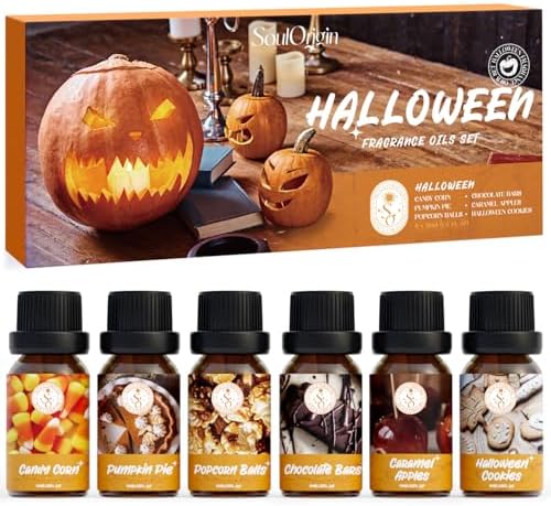 Halloween Essential Oils Set, Fragrance Oil Gift Set for Oil Diffusers, Scented Oils 6x10ml – Caramel Apples, Pumpkin Pie, Candy Corn, Halloween Cookies, Chocolate Bars, Popcorn Balls