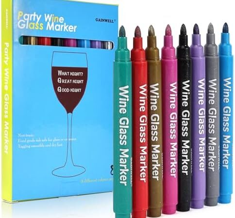 Metallic Wine Glass Markers – Pack of 8 Food-Safe Non-Toxic Wine Glass Marker Pens – Can also be Used on Ceramic Plates and other Glass and Dinnerware