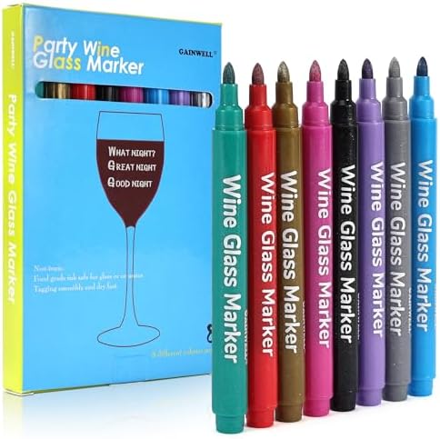 Metallic Wine Glass Markers – Pack of 8 Food-Safe Non-Toxic Wine Glass Marker Pens – Can also be Used on Ceramic Plates and other Glass and Dinnerware