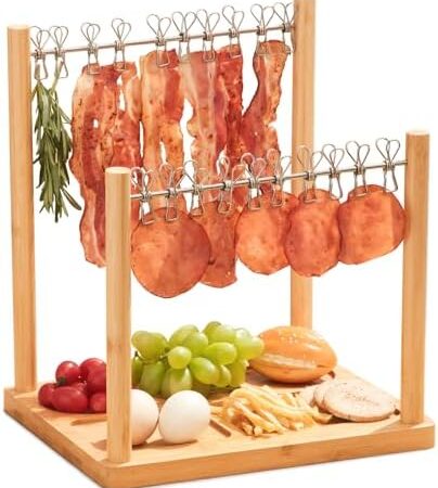 Bacon Display Rack, Bacon Clothesline Serving Tray, Bacon Serving Dishes, Extra Double Bacon Hanger, Exquisite Bacon Holder – House Warming Gifts, wedding gift ideas (Natural Bamboo)