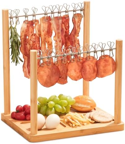 Bacon Display Rack, Bacon Clothesline Serving Tray, Bacon Serving Dishes, Extra Double Bacon Hanger, Exquisite Bacon Holder – House Warming Gifts, wedding gift ideas (Natural Bamboo)
