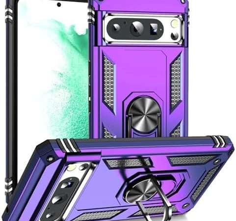 Military Grade Drop Impact for Google Pixel 8 Pro Case 360 Metal Rotating Ring Kickstand Holder Armor Heavy Duty Shockproof Case for Google Pixel 8 Pro Phone Case (Purple)