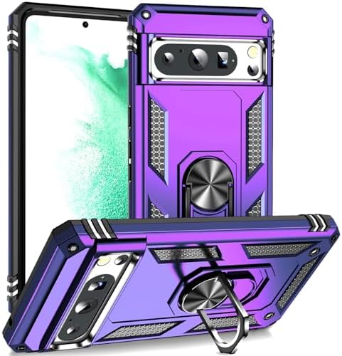 Military Grade Drop Impact for Google Pixel 8 Pro Case 360 Metal Rotating Ring Kickstand Holder Armor Heavy Duty Shockproof Case for Google Pixel 8 Pro Phone Case (Purple)