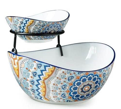 YHOSSEUN Chip and Dip Serving Set, 2 Tierd Serving Bowl Set Ceramic Chip and Dip Bowls with Stand, Serving Dishes for Entertaining Appetizer Serving Food Display Stand for Parties